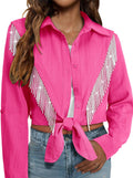 Sparkly Fringe Cropped Button Down Shirt - Cowgirl Tie Front