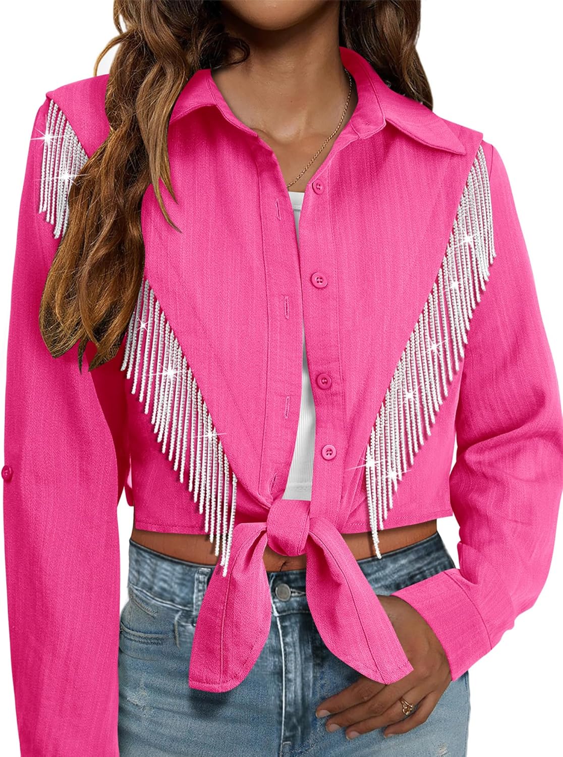 MYMORE Womens Sparkly Fringe Cropped Button Down Shirt for Cowgirls