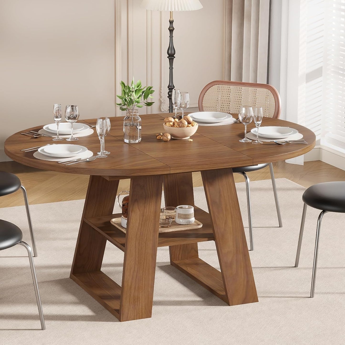 Extendable Round Dining Table for 4-8 with Storage Shelf