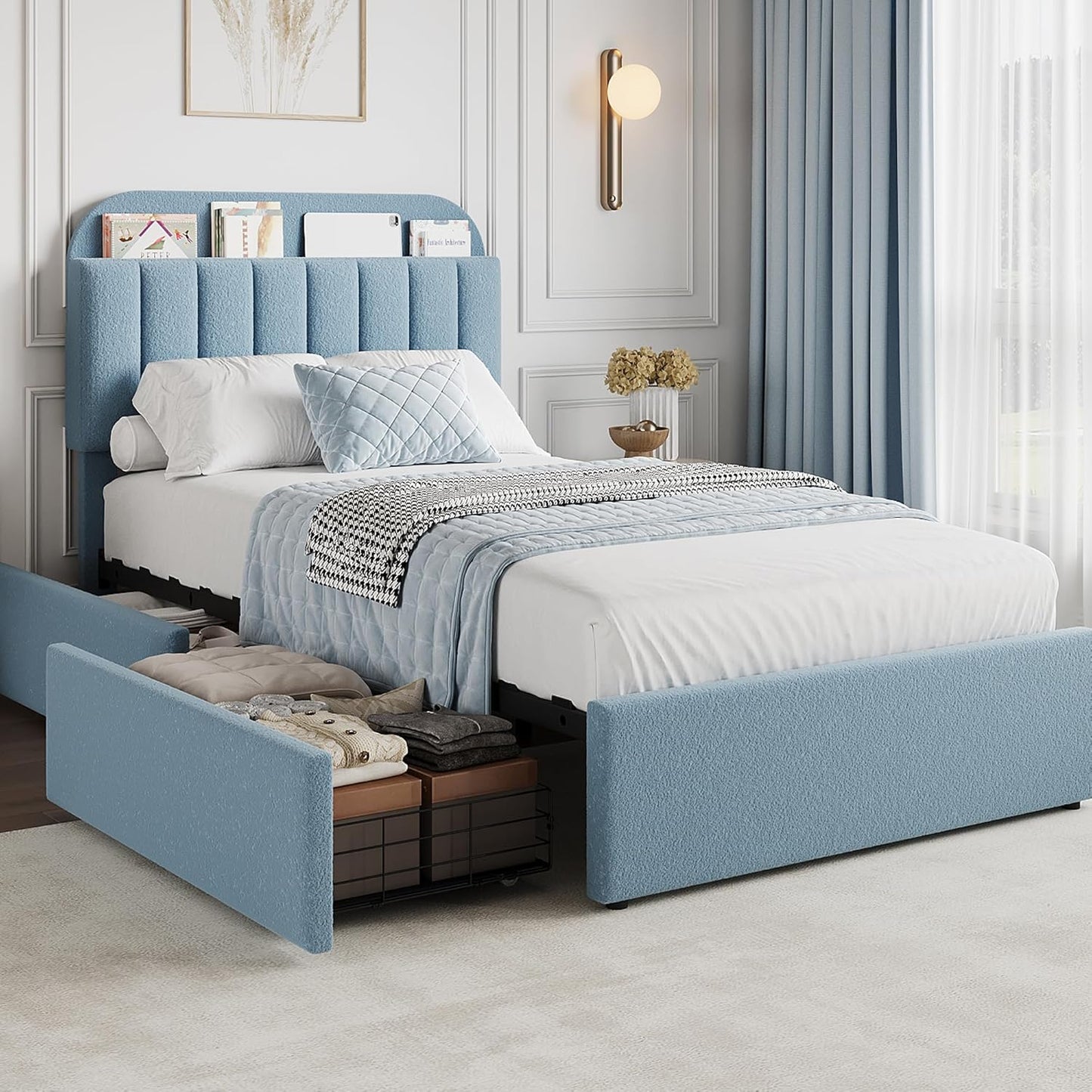 GarveeHome Twin Bed Frame with Storage Headboard for Kids
