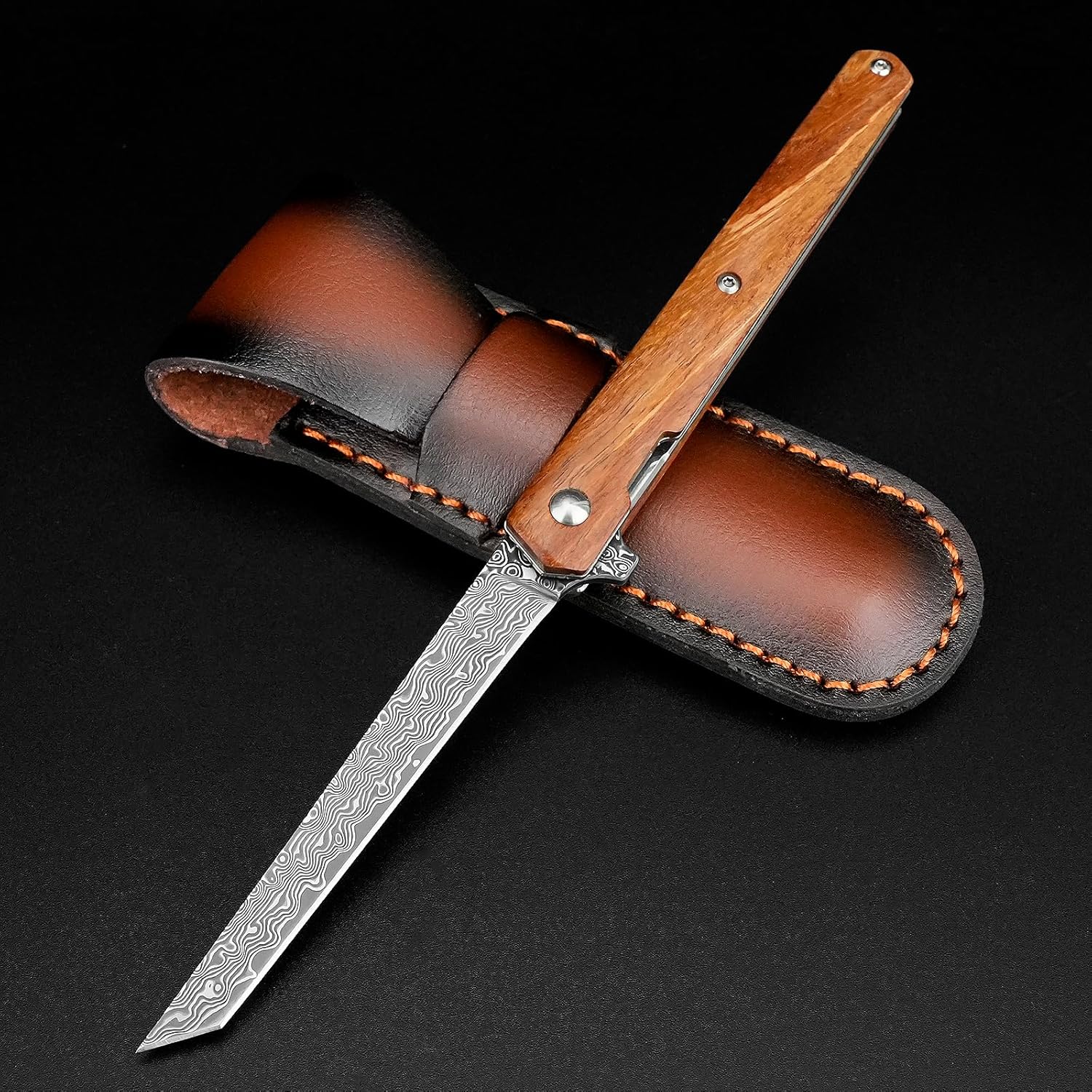 AUBEY Small Damascus Pocket Knife with Sheath for EDC Use