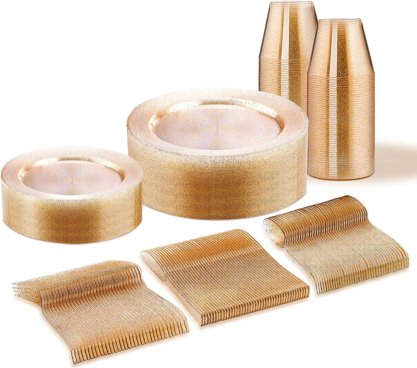 150 PCS Gold Glitter Disposable Dinnerware Set for 25 Guests