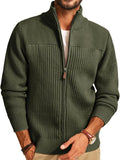 Men's Full Zipper Cardigan Stand Collar Ribbed Knit - Warm, Versatile