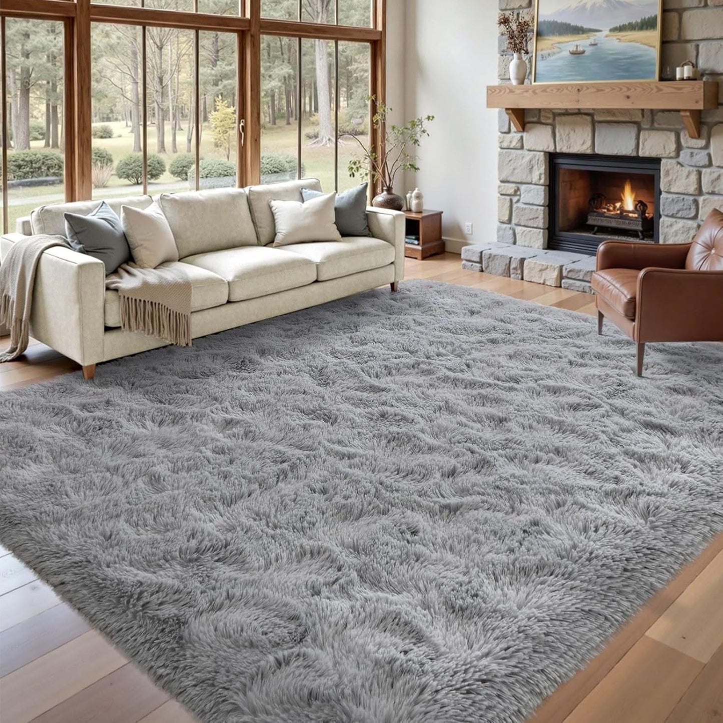 8x10 ft Light Grey Fluffy Rug for Living Room and Bedroom