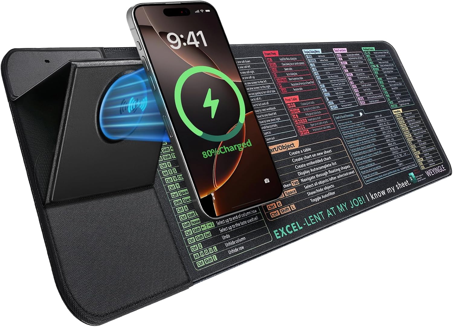 Wireless Charging Mouse Pad with Phone Stand & Excel Shortcuts