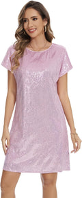 Women's Crewneck Sequin Shift Dress - Casual Sparkly Party Dress