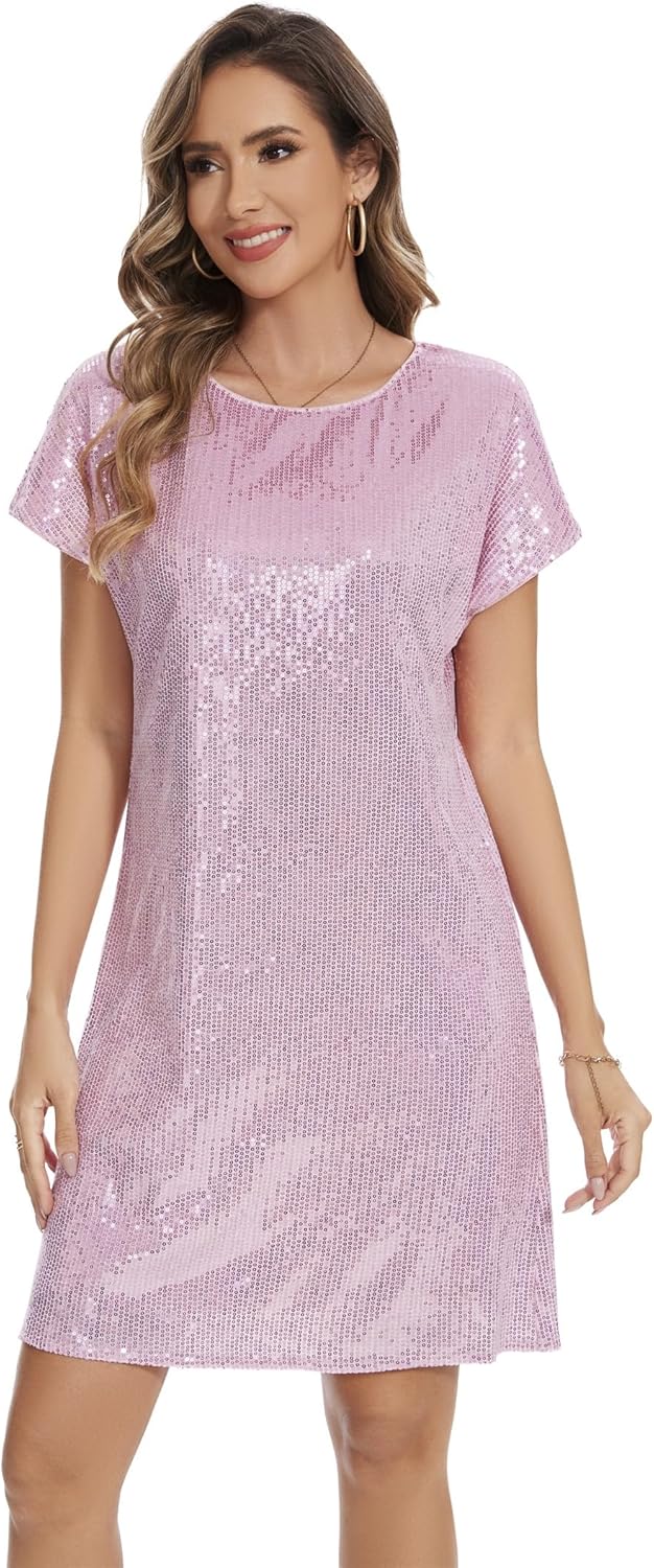 Women's Crewneck Sequin Shift Dress for Casual Holiday Parties