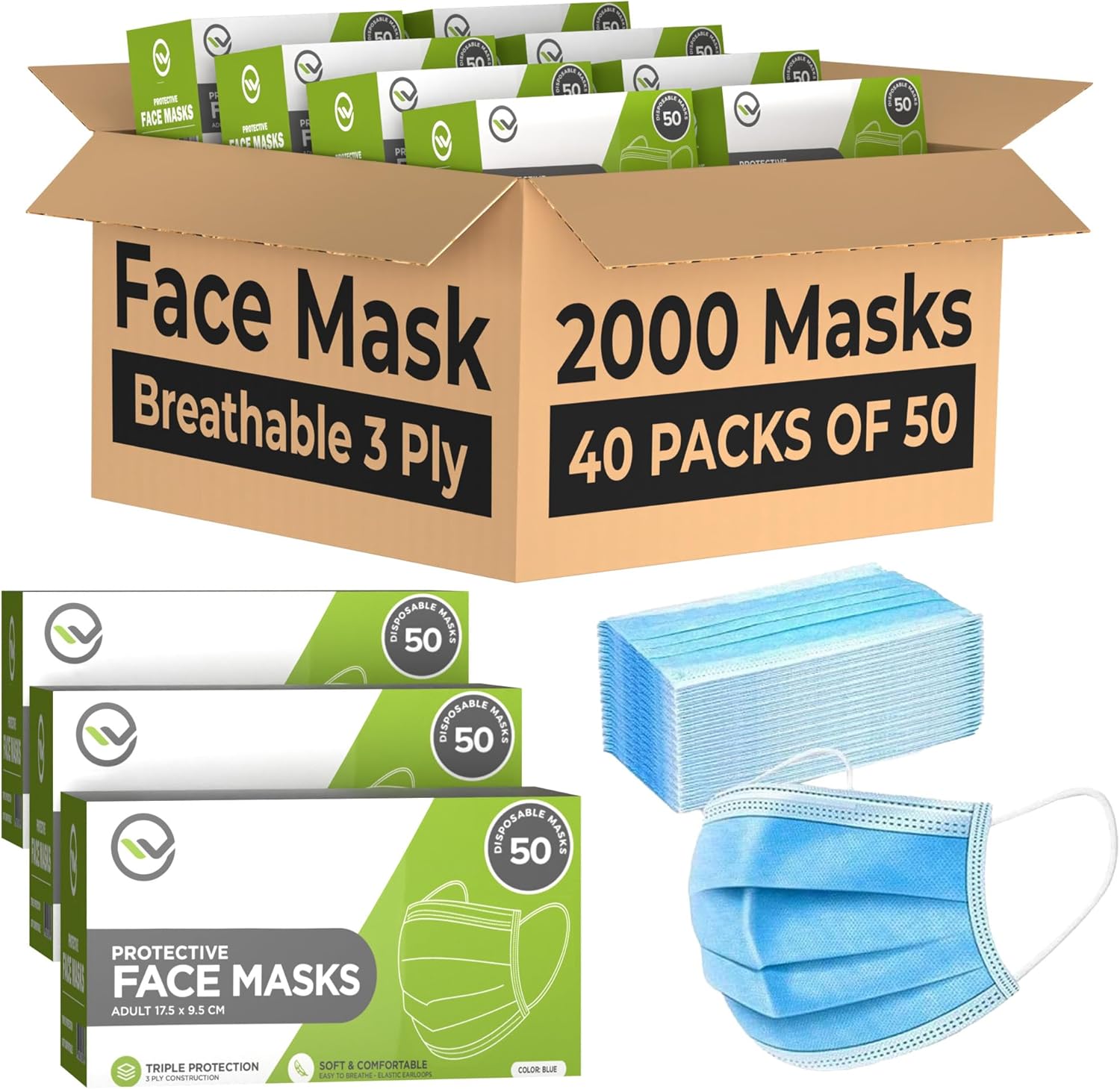 2000 Bulk Face Masks Non Woven Thick 3-Layers Breathable