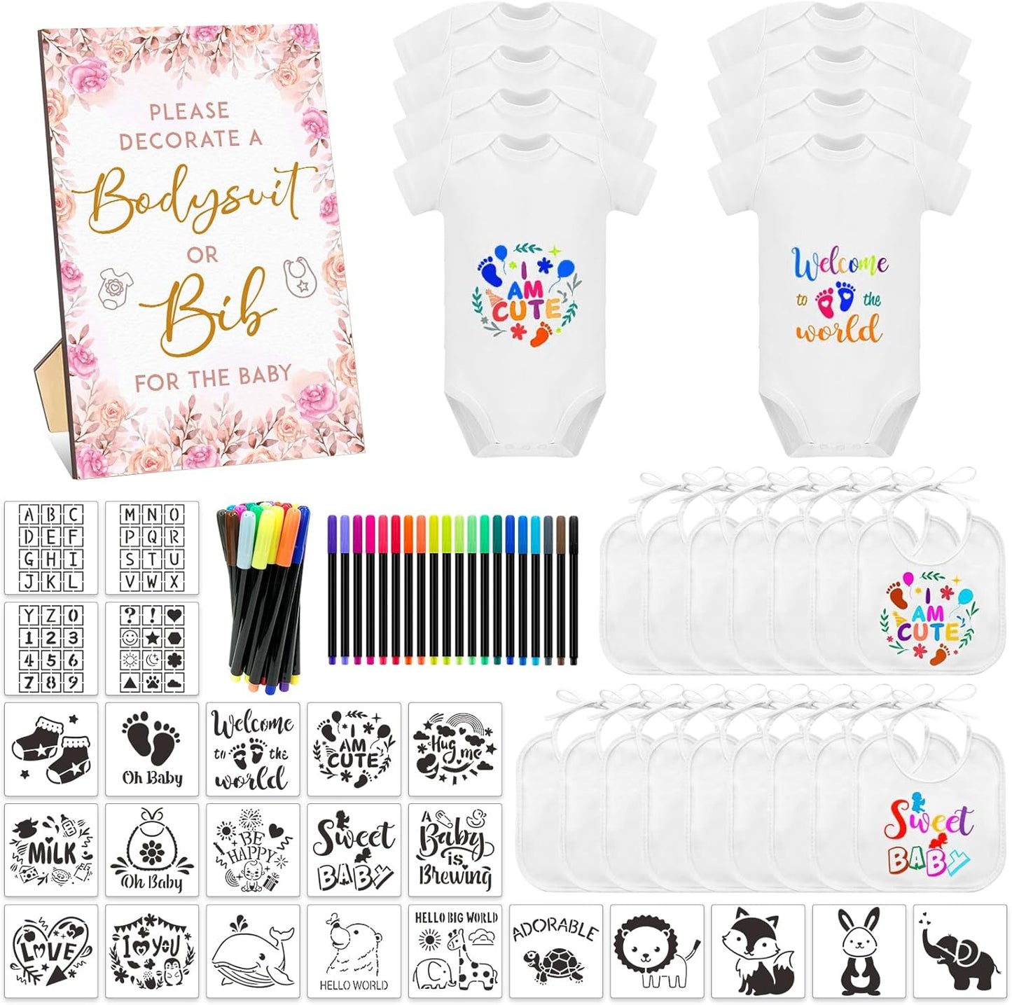 69 Pcs Baby Bib Bodysuit Set for Fun Baby Shower Activities