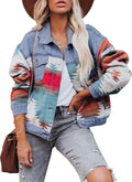 Aztec Denim Jacket for Women - Vintage Distressed Blue Shacket