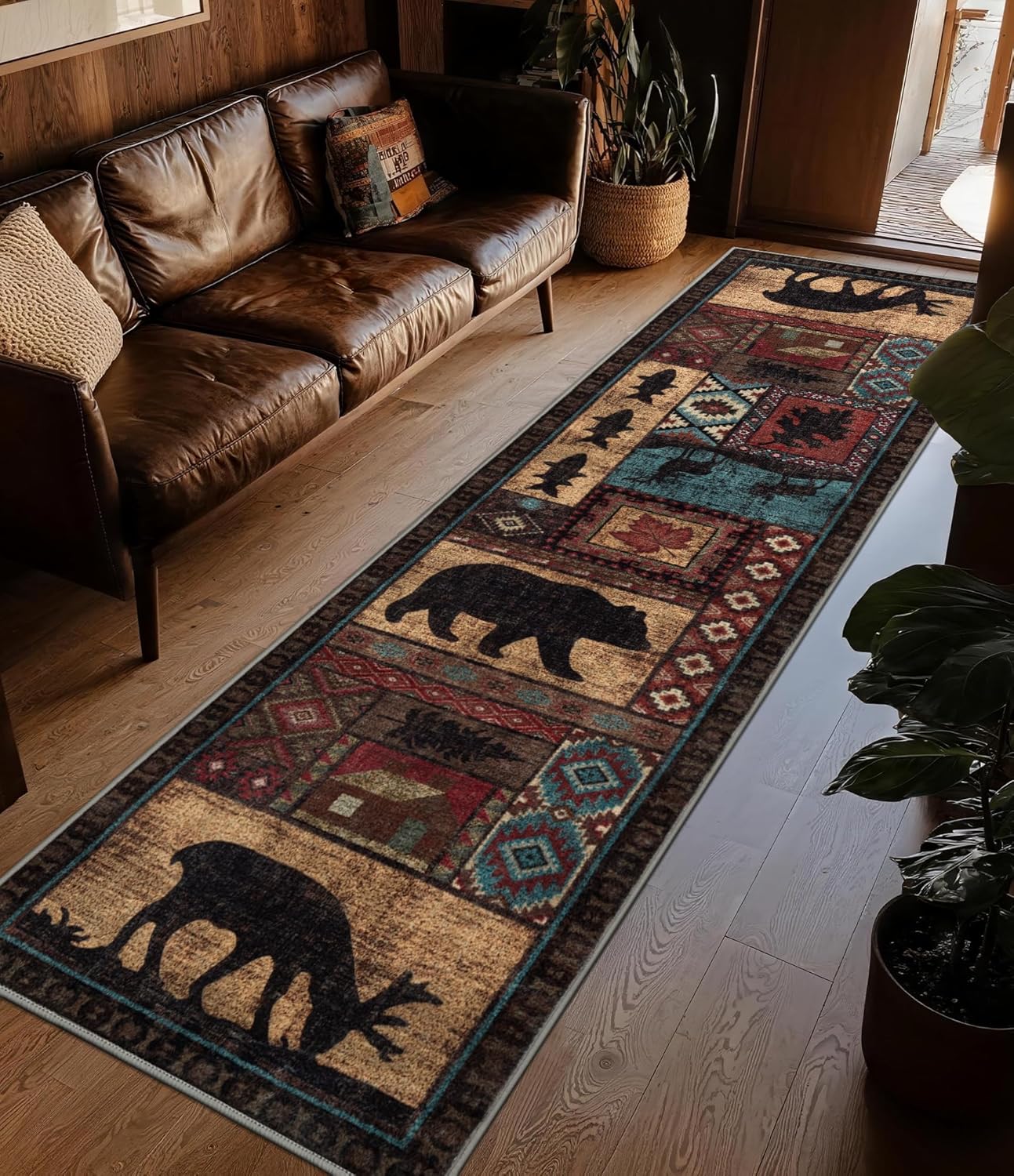 Rustic Cabin Runner Rug 2x8 for Indoor Entryway - Bear Design