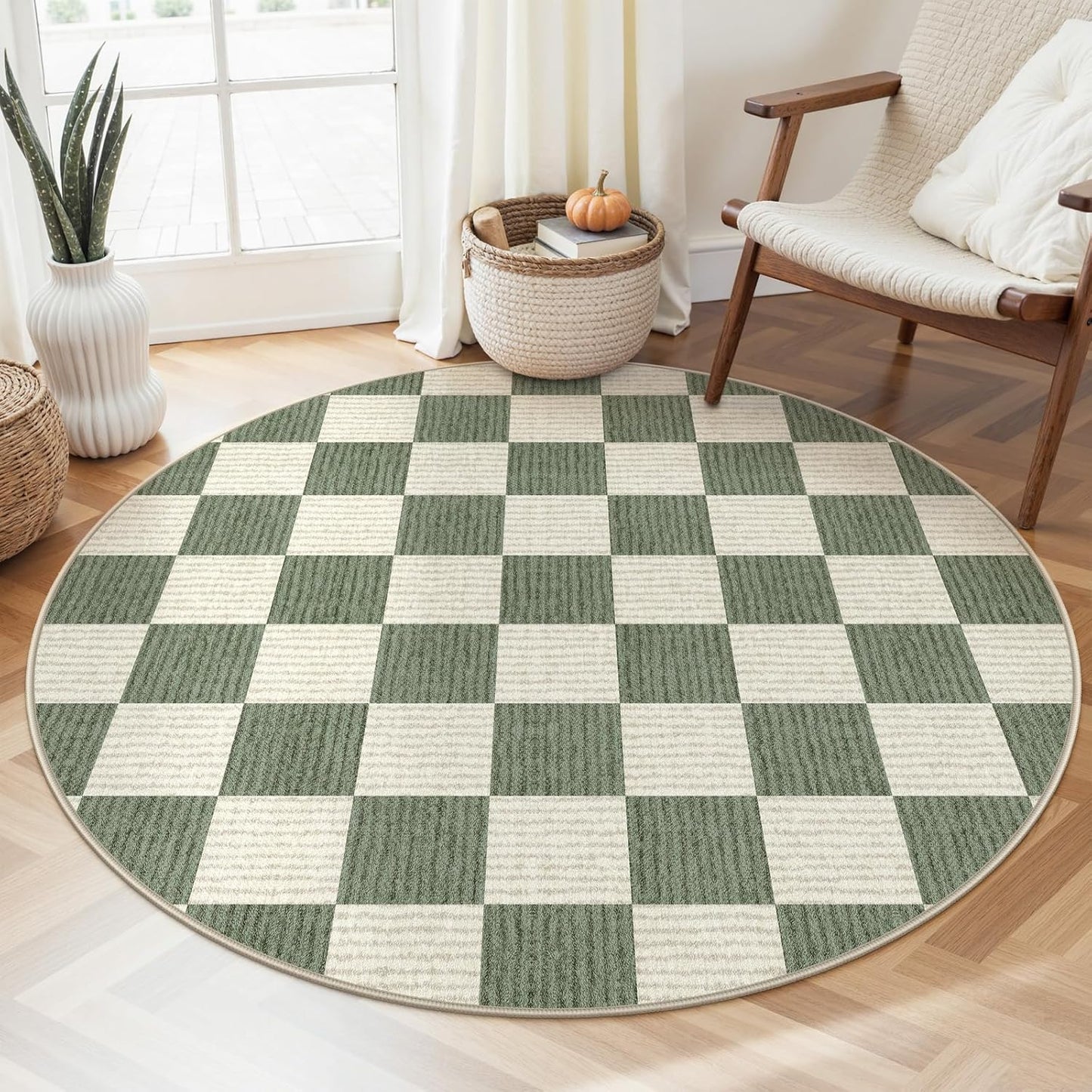 LIVEBOX Checkered Round Rug 4 Ft Washable Area Rug for Kids