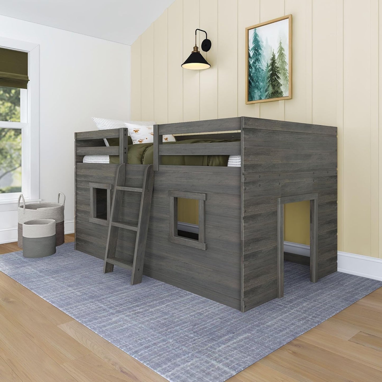 Max & Lily Modern Farmhouse Twin Low Loft Bed with Windows