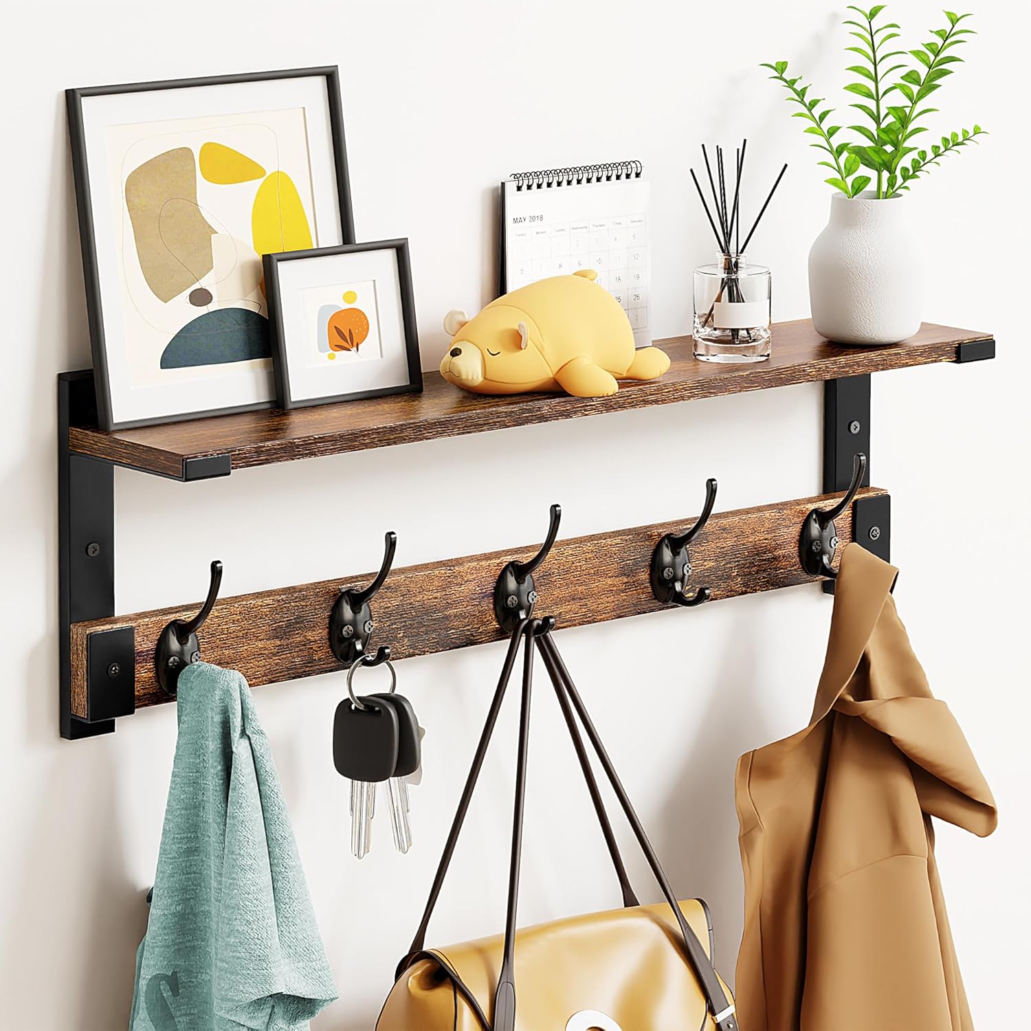 Coat Rack Wall Mount with Hooks and Shelf for Stylish Organization