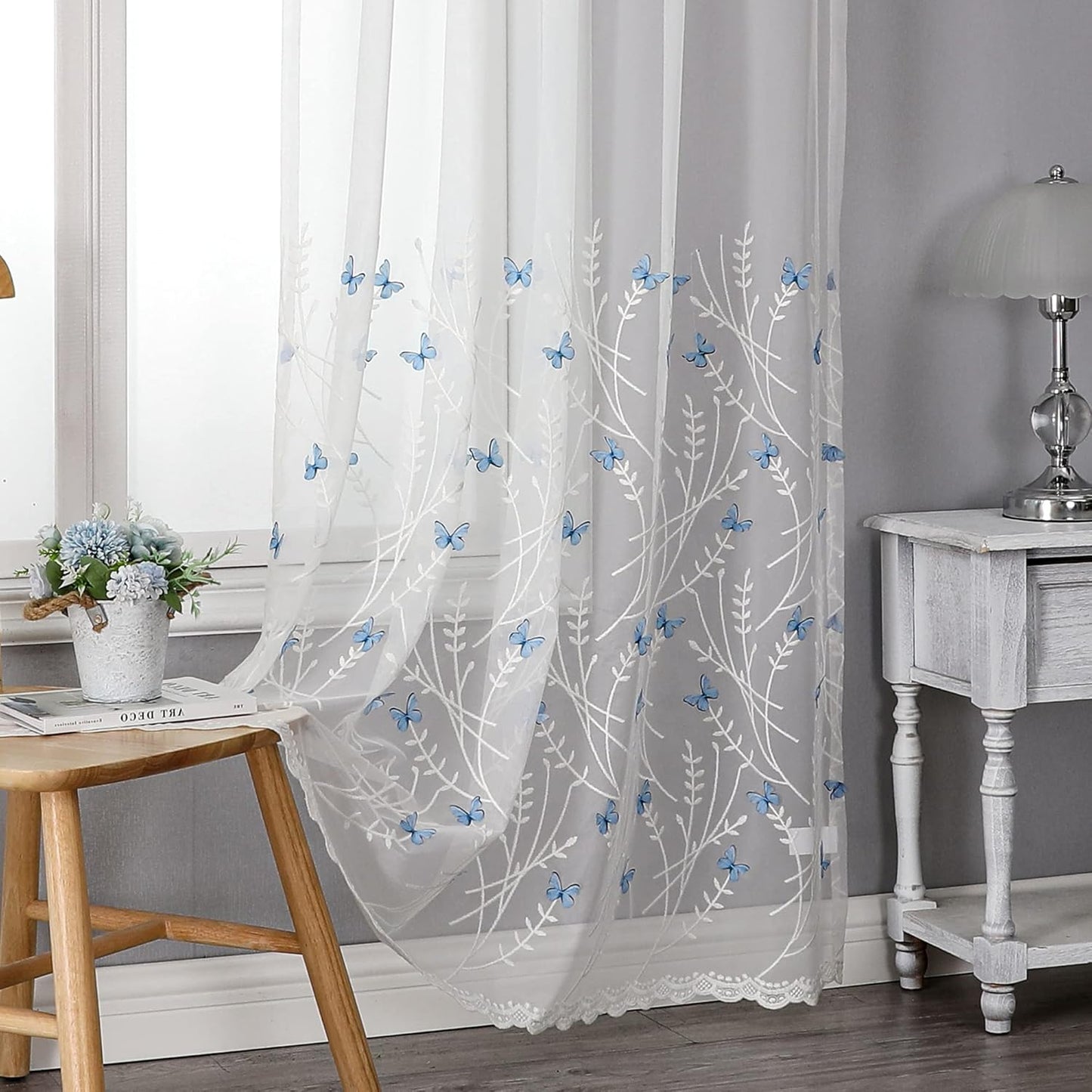 VISIONTEX White Sheer Voile Curtains with Embossed Butterflies