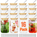 16Pc 16oz Glass Cups with Bamboo Lids and Straws - Durable Drinkware