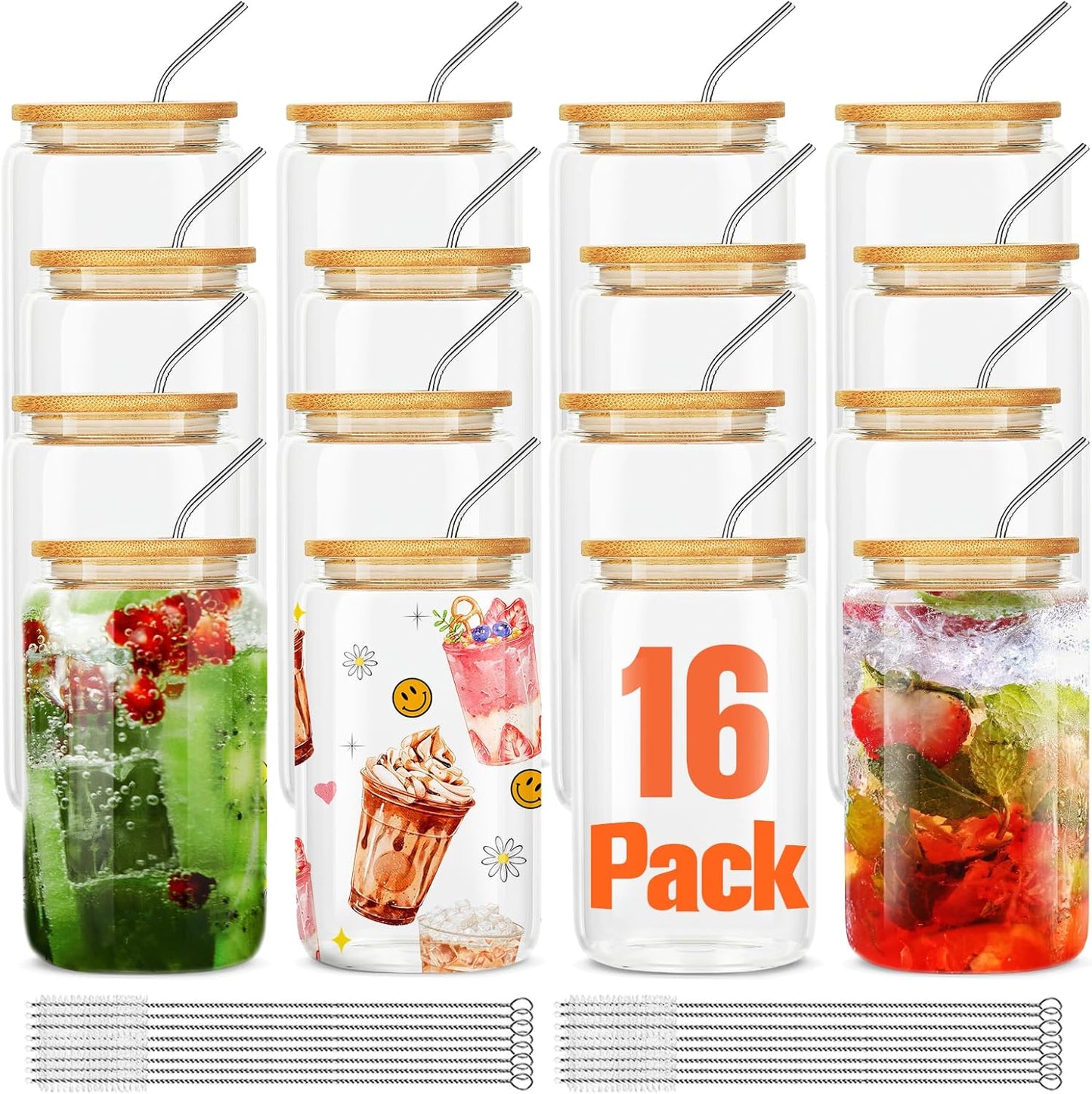 16Pcs Glass Cups Set with Bamboo Lids and Straws for Drinks