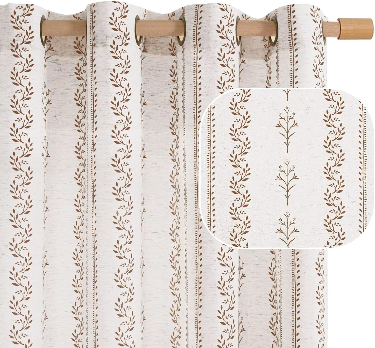 Boho Chic Brown Leaf Floral Print Curtains for Living Room