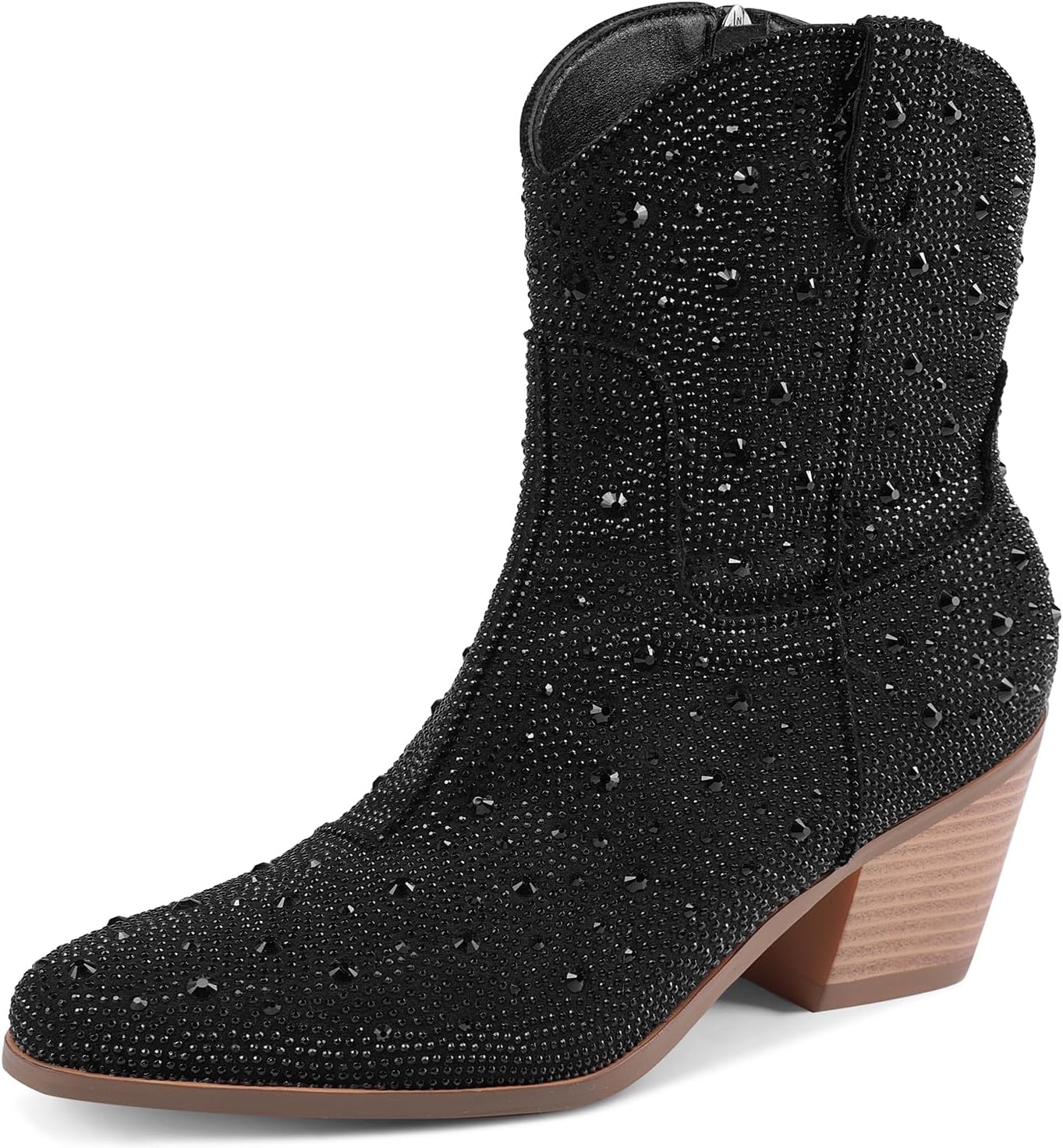 Cowgirl Ankle Boots for Women with Rhinestones and Chunky Heel