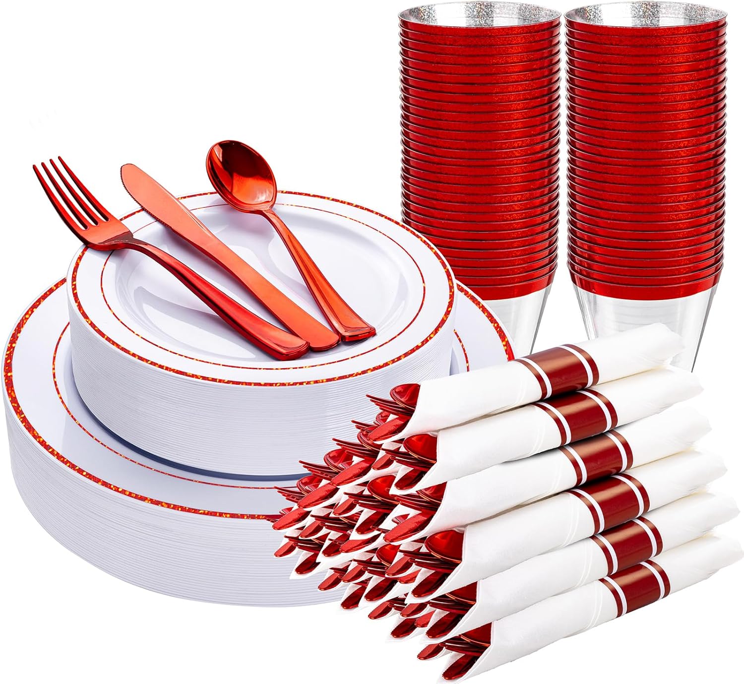 WELLIFE 210 Piece Red Plastic Dinnerware Set for Parties
