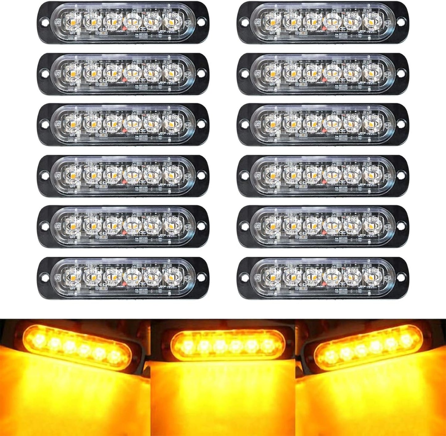 12-Pack 6 LED Amber Strobe Lights for Vehicles and Trucks