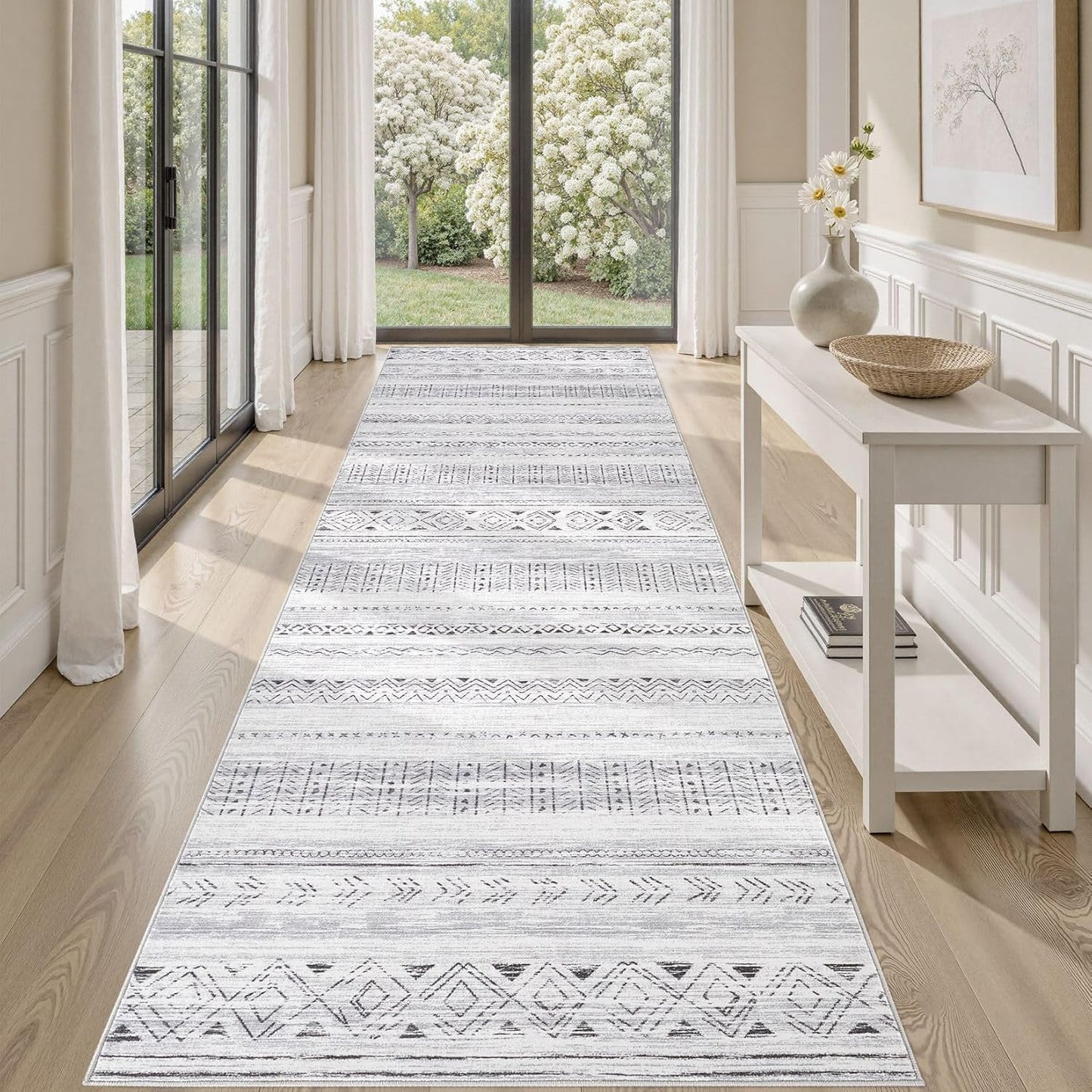Boho Hallway Runner Rug 3x12: Soft Machine Washable Dark Grey