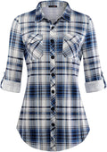 Womens Soft Stretchy Knit Plaid Roll Up Sleeve Button Down Shirt