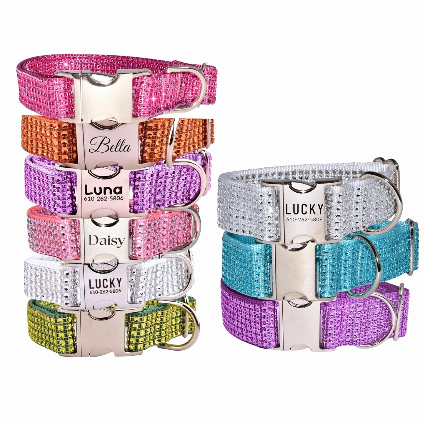 Sparkling Rhinestone Bling Dog Collar with Engraved Buckle Options