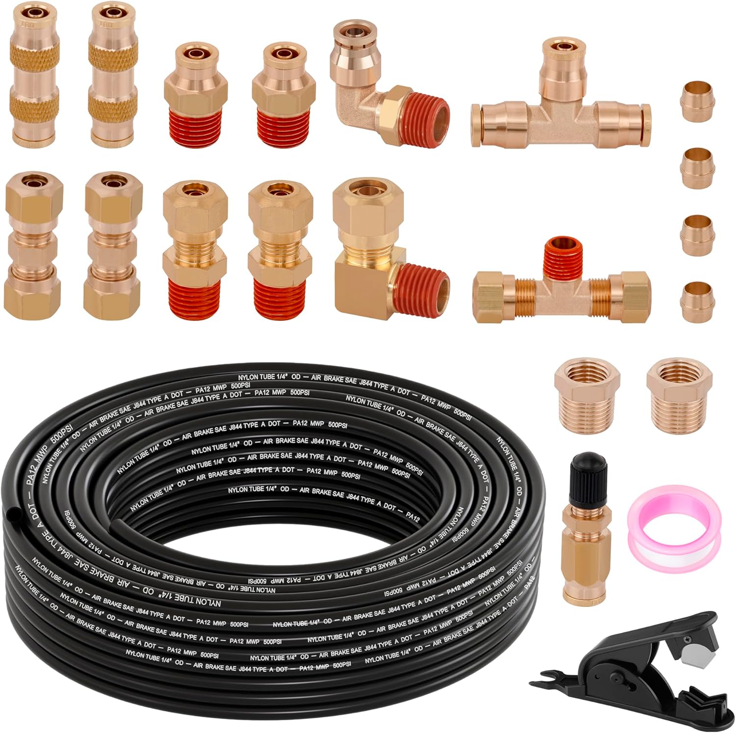22pcs 50FT 1/4 DOT Air Line Brass Fittings Kit for Trucks
