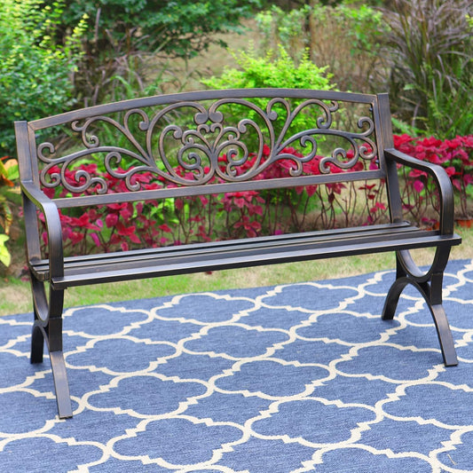 Sturdy 50 Inches Outdoor Garden Bench with Floral Pattern Backrest