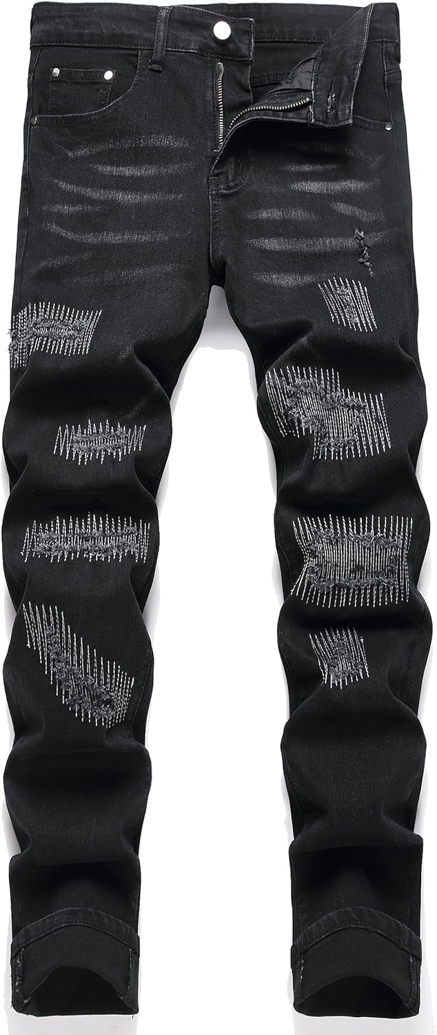 Men's Ripped Patch Elastic Jeans for Fashionable Slim Fit Style