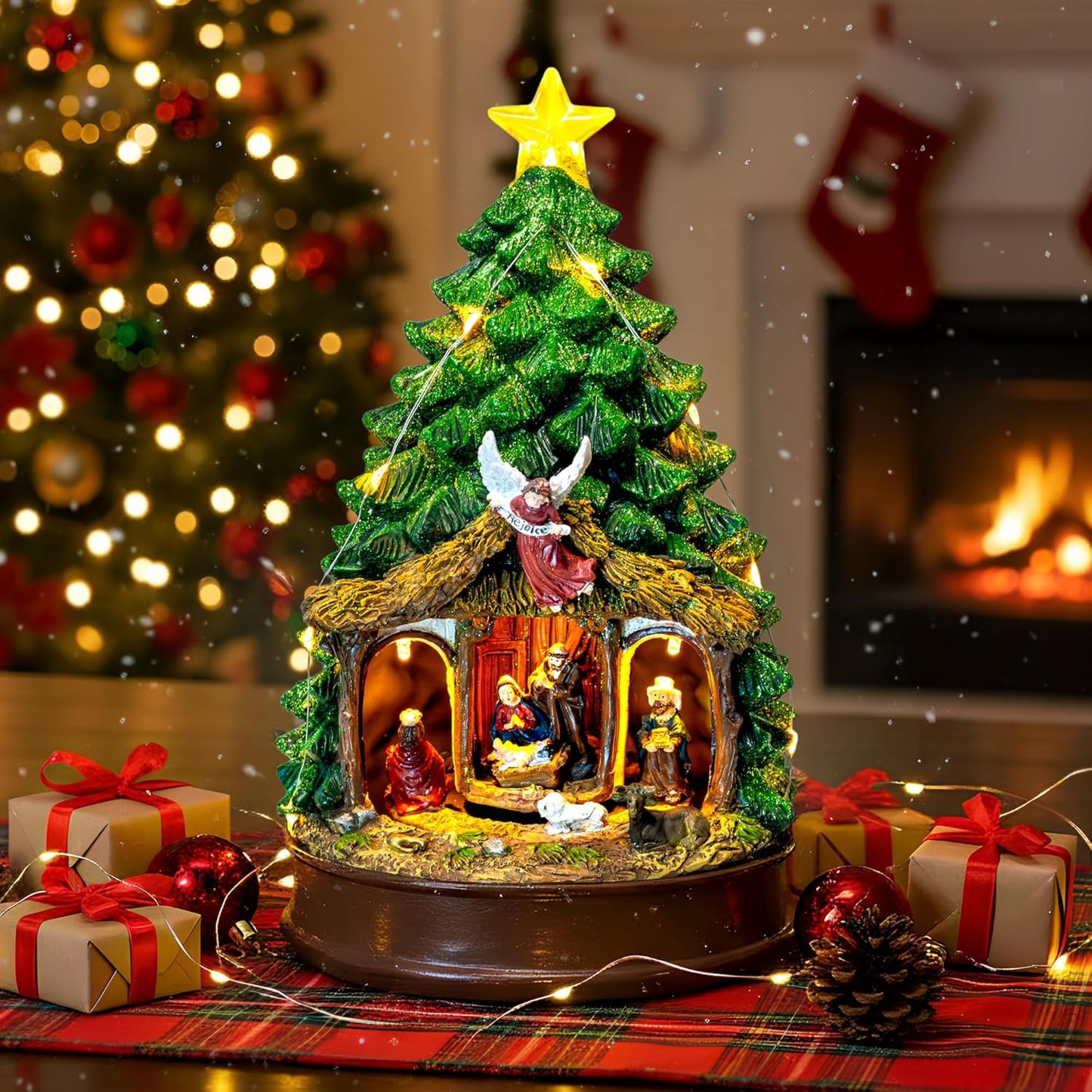 Christmas Tree Lighted Animated Manger Nativity Scene Decor