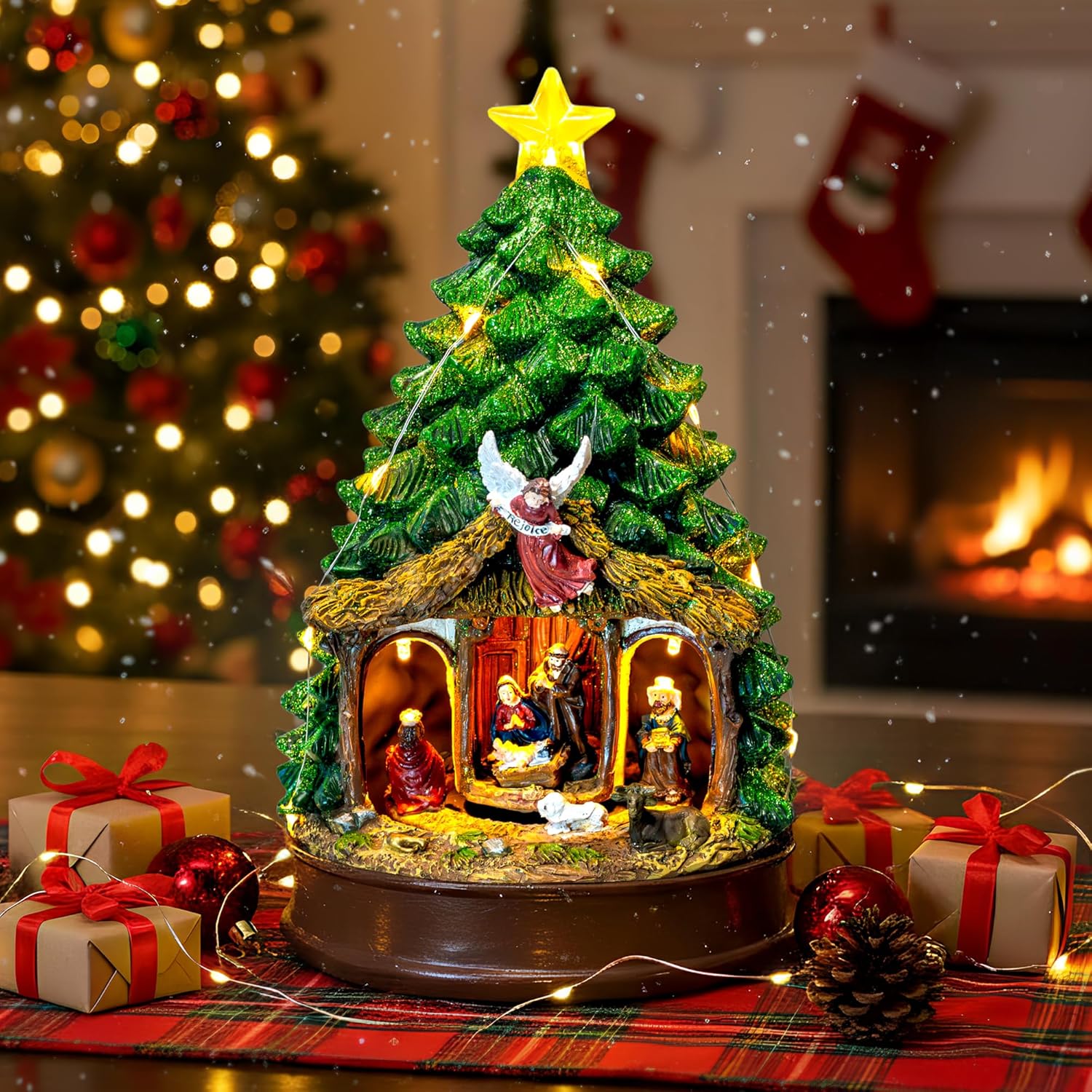 Christmas Tree Lighted Animated Manger Nativity Scene Decor