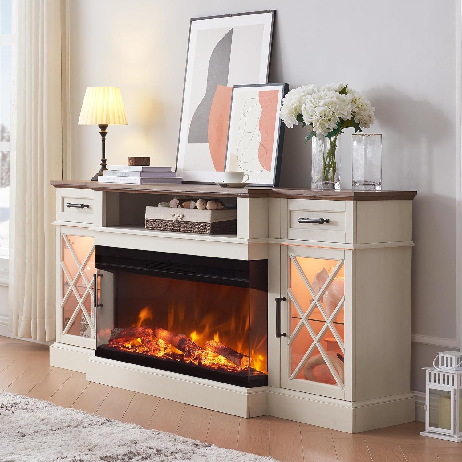 Farmhouse Electric Fireplace TV Stand: Glass Door Storage