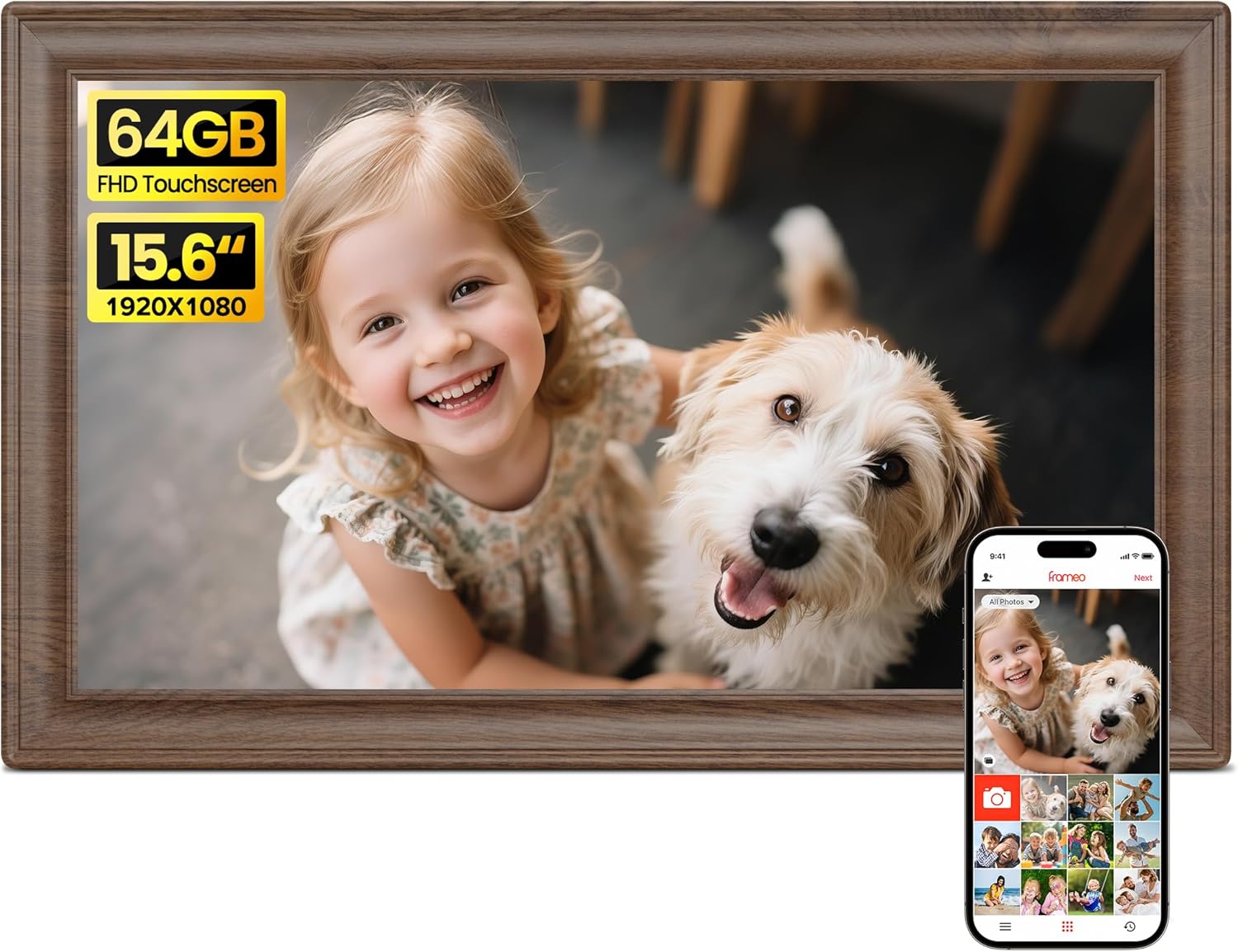 64GB 15.6in Frameo Digital Picture Frame for Family Memories