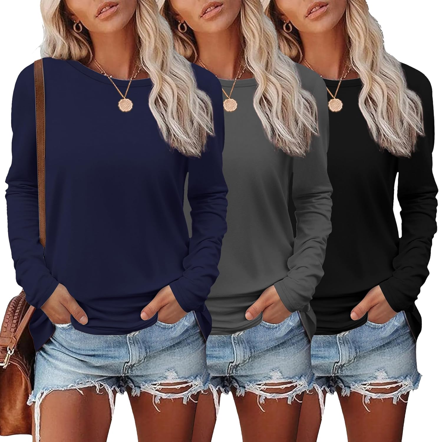 Ekouaer Womens Long Sleeve Shirts 3 Pack for Trendy Style