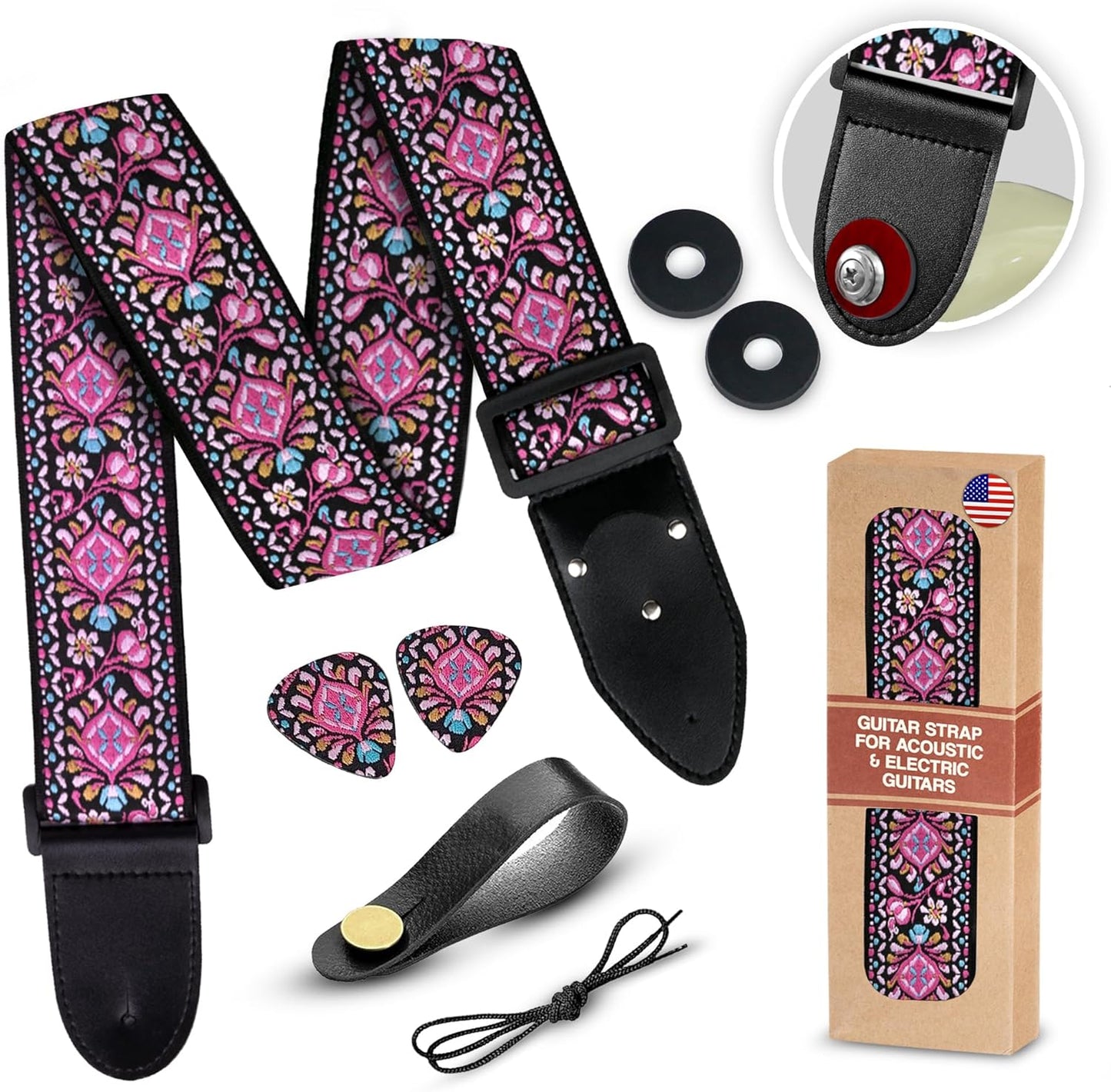 Pink Adjustable Guitar Strap Set