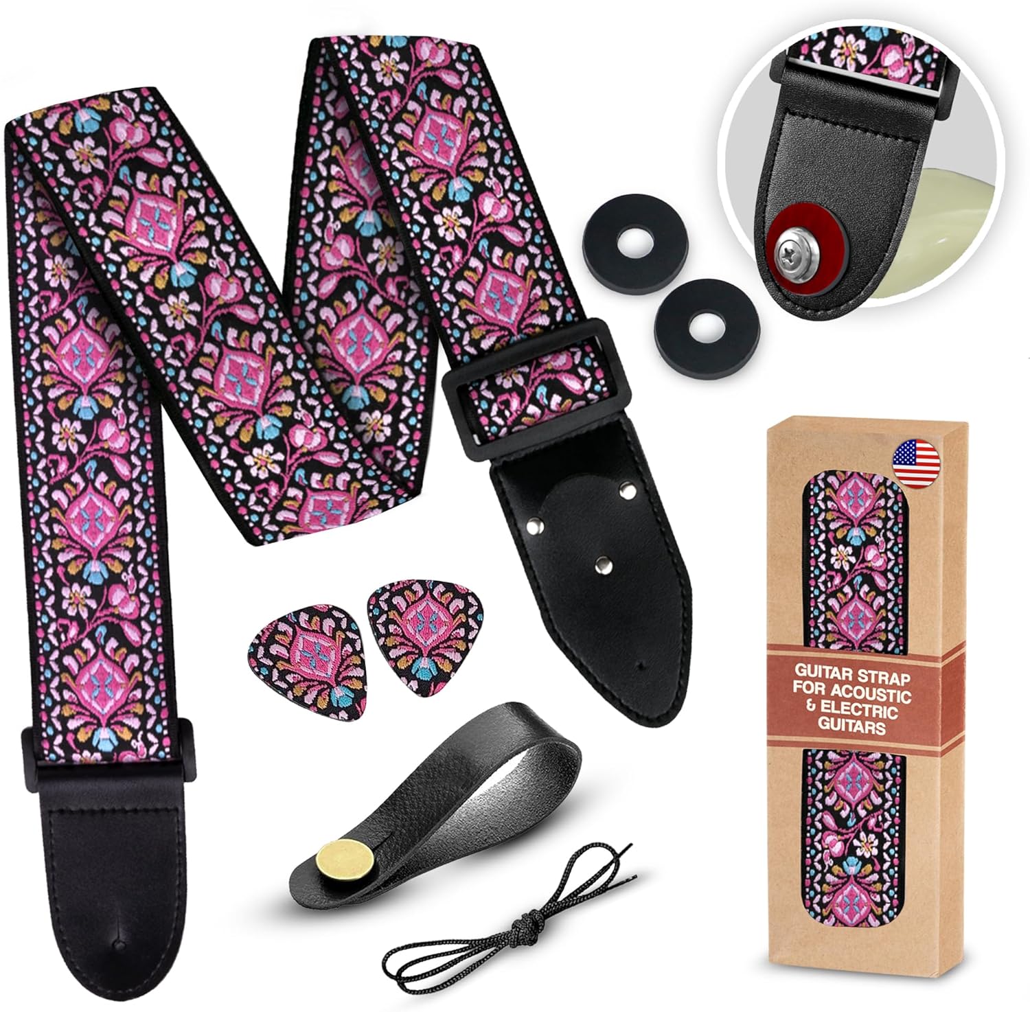 Pink Adjustable Guitar Strap Set