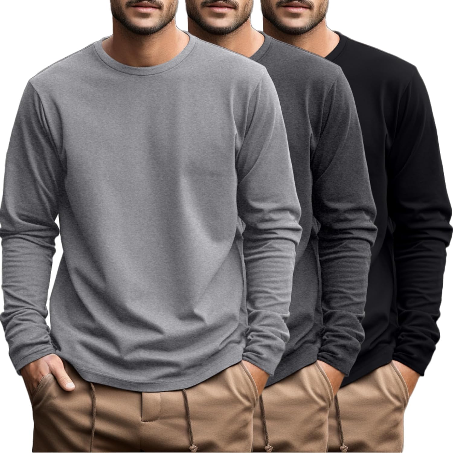 Ficerd 3 Pack Men's Big and Tall Long Sleeve Cotton Tees