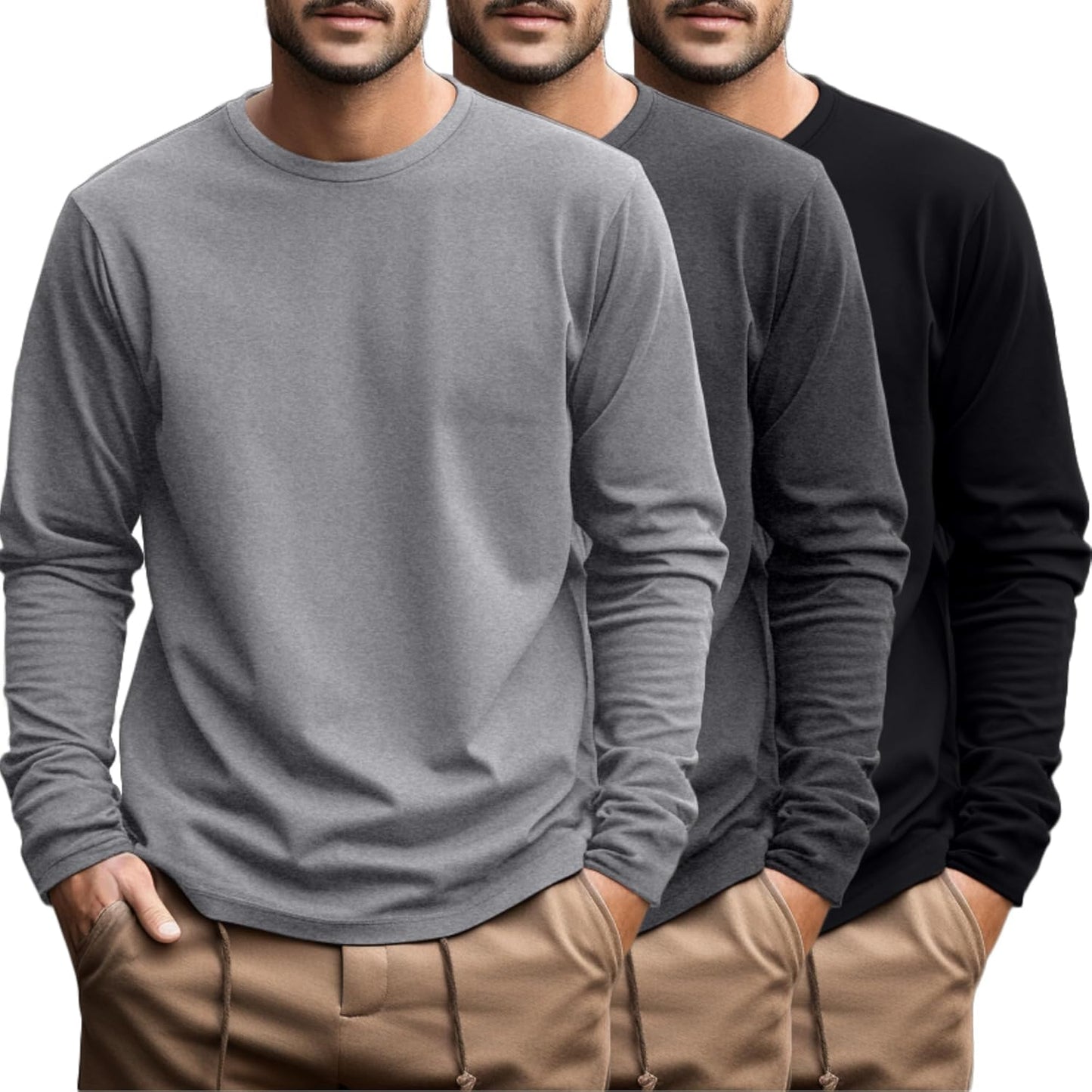 Ficerd Men's Big and Tall Long Sleeve Cotton Tee 3 Pack