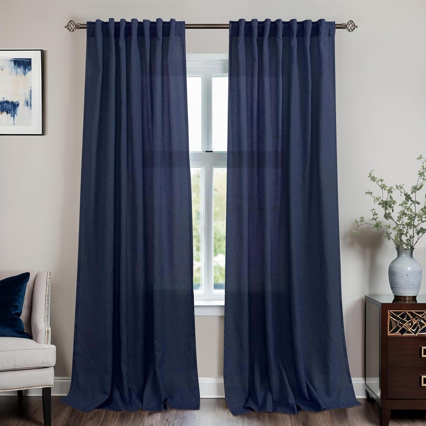 Mrs.Naturall Navy Blue Linen Curtains for Elegant Home Decor
