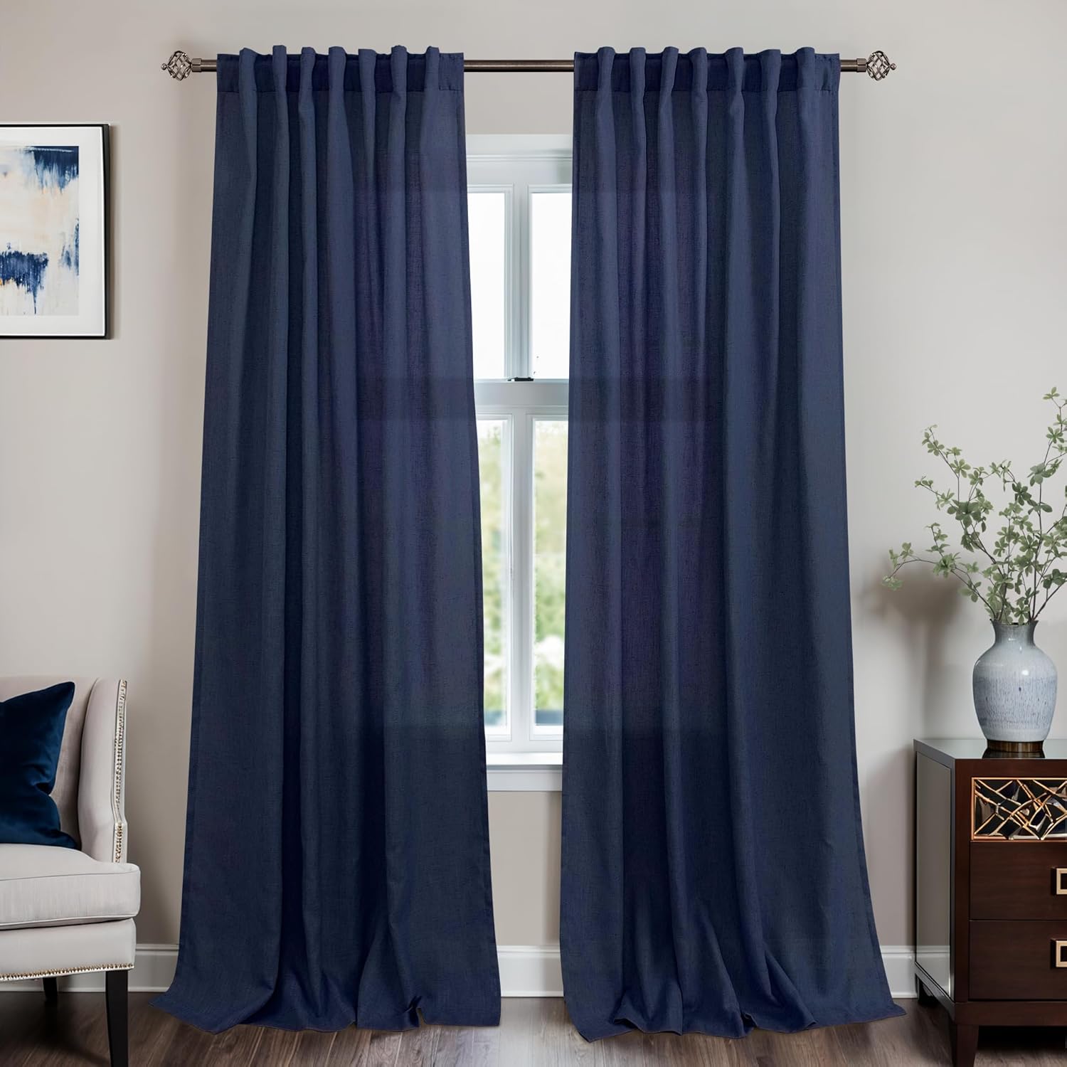 Mrs.Naturall Navy Blue Linen Curtains for Elegant Home Decor