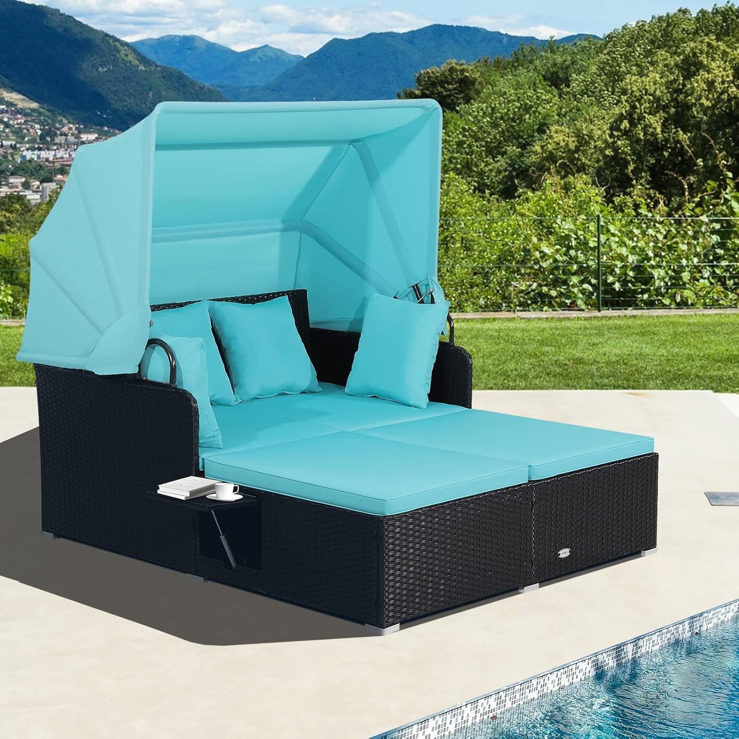 Tangkula Patio Rattan Daybed with Retractable Canopy for Comfort