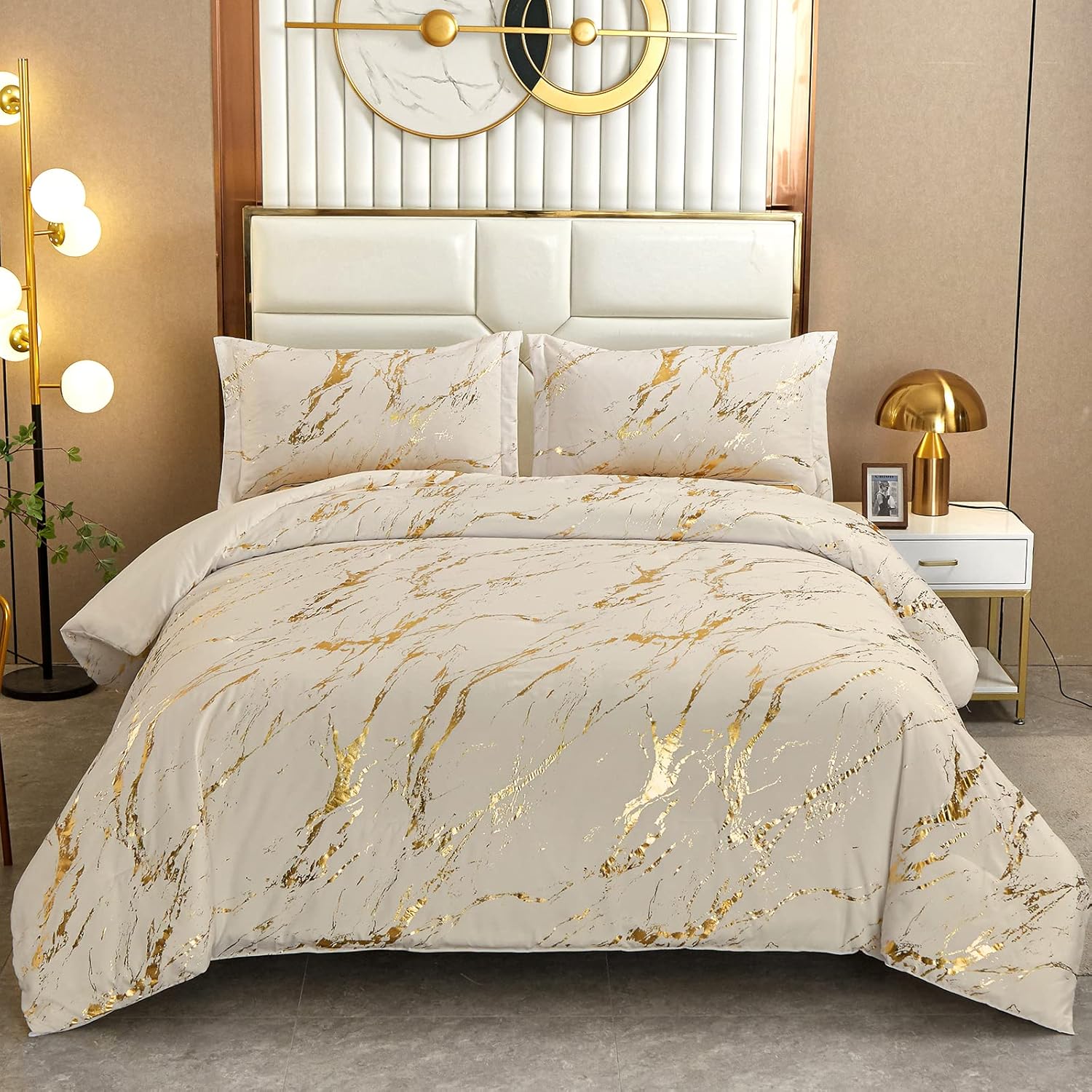 Khaki Gold Metallic Marble Comforter Set for Luxurious Bedding