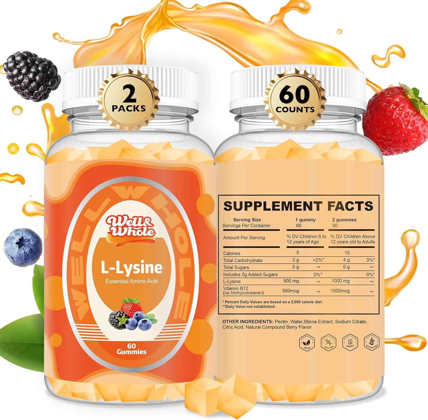 L-Lysine Gummies 1000mg for Kids and Adults - Vegan Support
