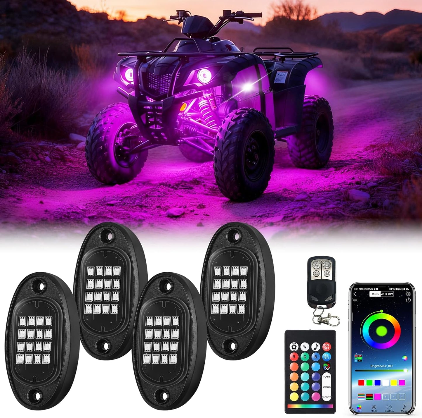 4Piece Segmented RGB LED Rock Lights Kit for Offroad Vehicles