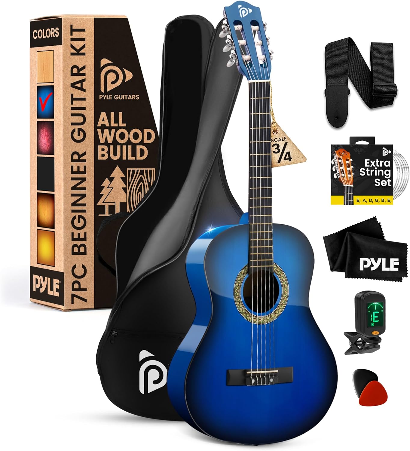Pyle 3/4 Junior Acoustic Guitar Kit - Perfect for Kids & Adults - Ocean Blue