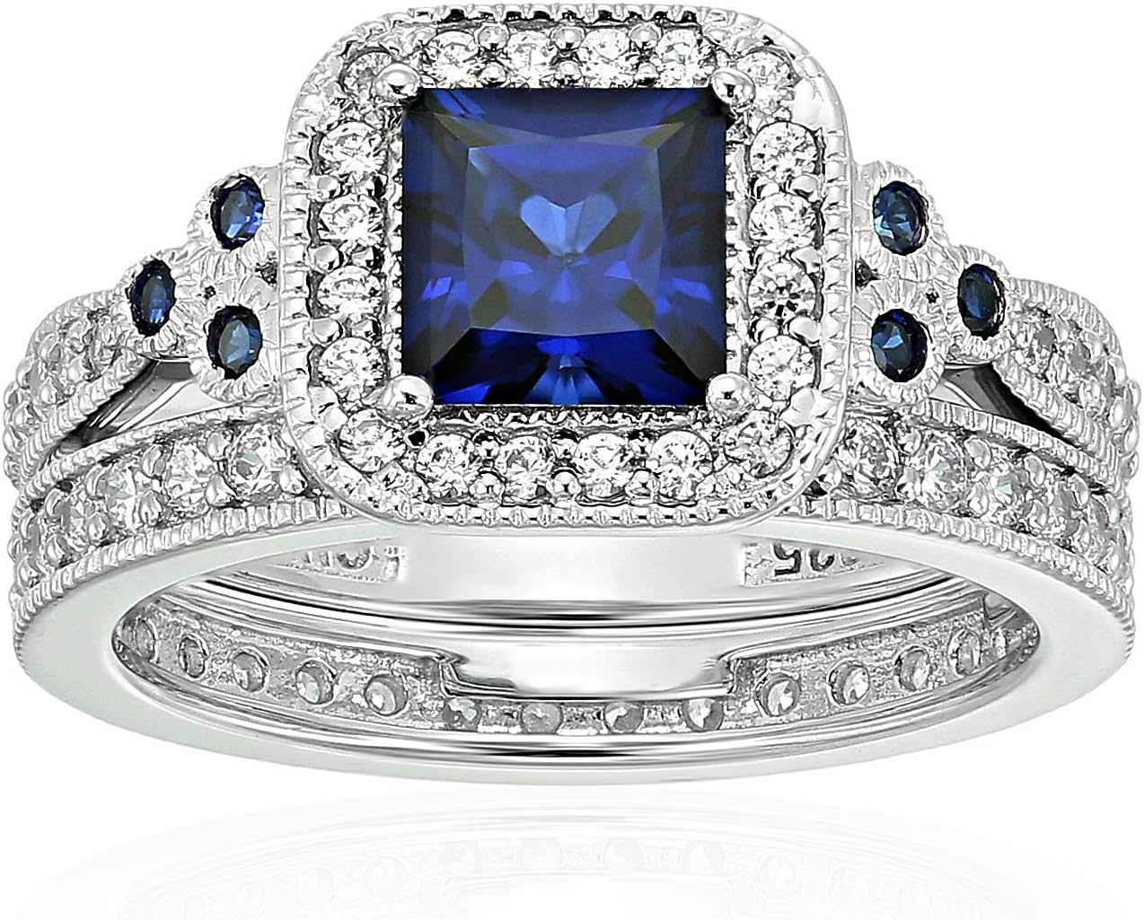 Antique Style Sterling Silver Ring Set with Asscher-Cut Zirconia
