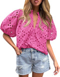 Women's Summer Eyelet Lace Top V Neck Button Blouse - Stylish