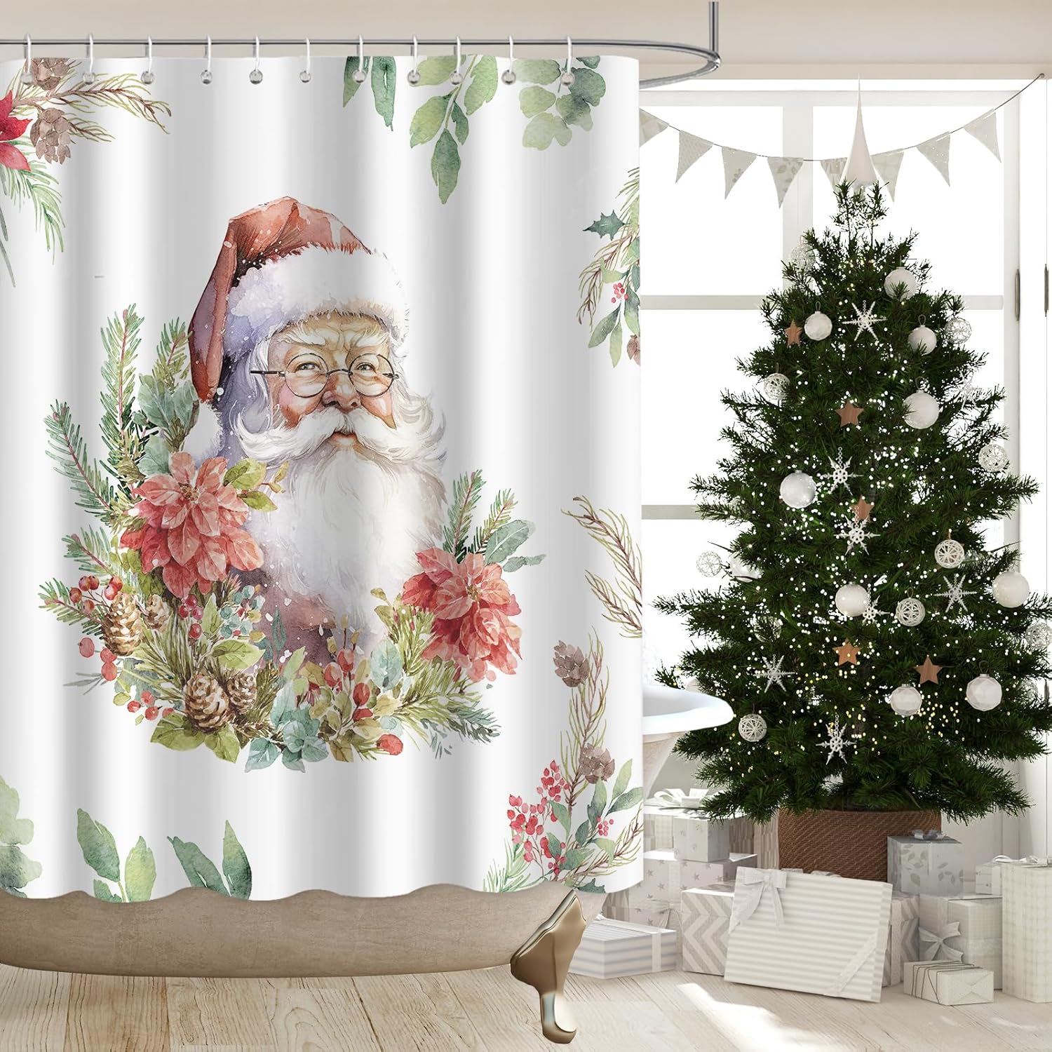 Merry Xmas Santa Shower Curtain Set - Festive Bathroom Decor